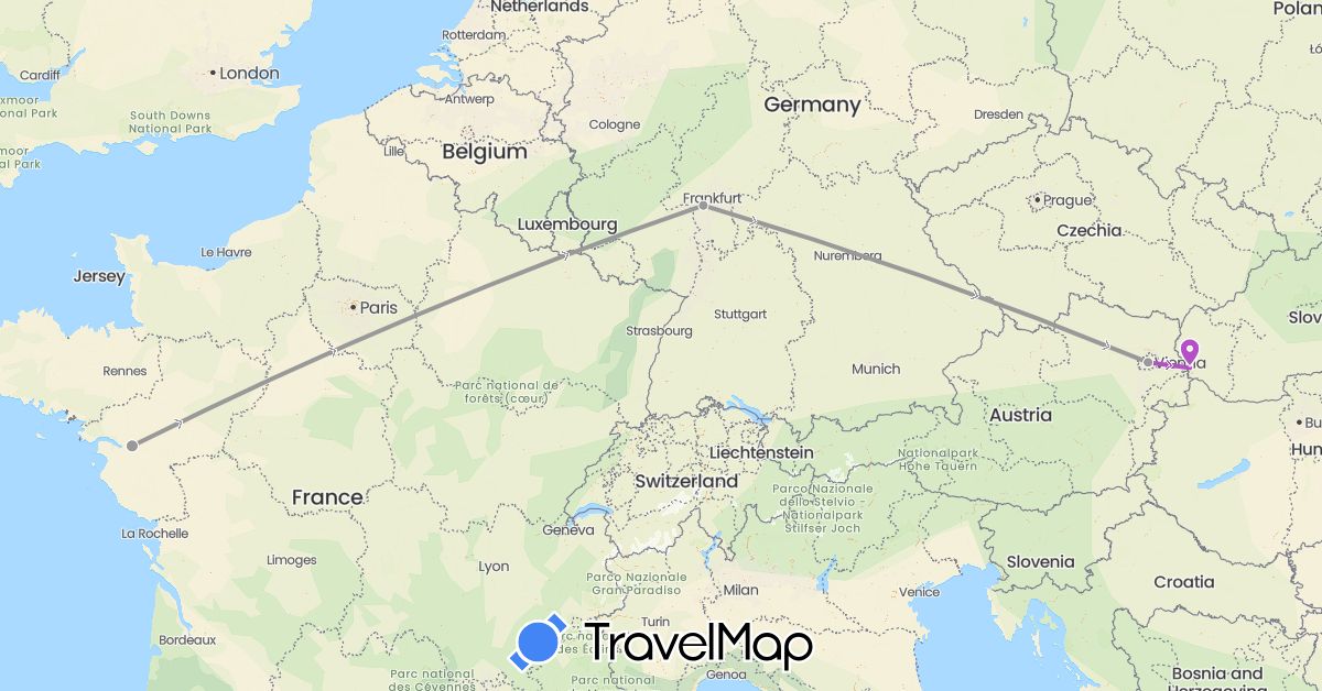 TravelMap itinerary: driving, plane, train in Austria, Germany, France, Slovakia (Europe)